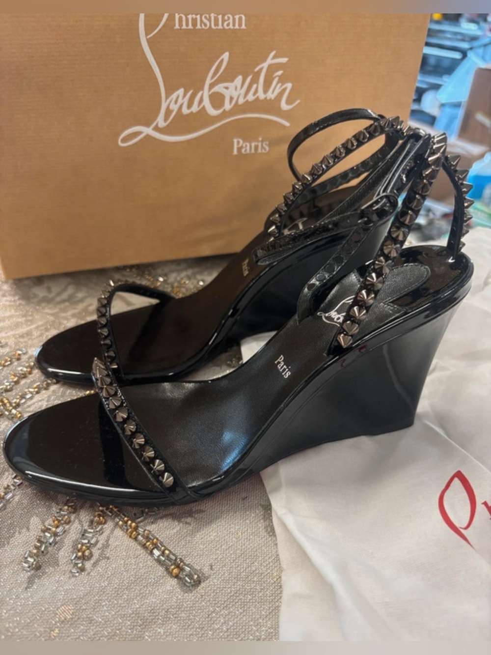 Christian Louboutin Black Patent Studded Ankle-Strap Heels so me wedge 85